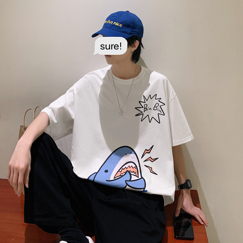可爱小鲨鱼印花短袖t恤男潮流宽松百搭学生夏季衣服oversize上衣纯色