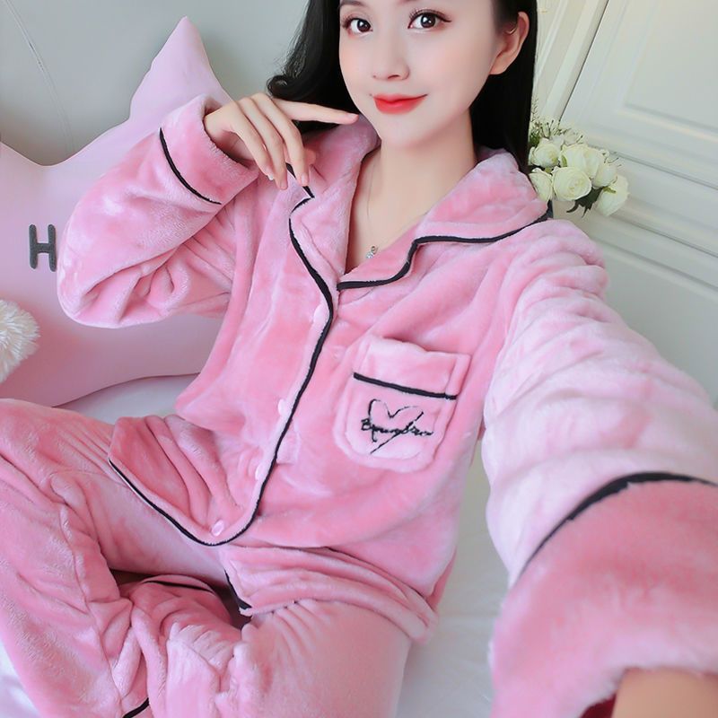加厚法兰绒睡衣女冬季新款珊瑚绒秋冬天两件套装加绒可爱心家居服