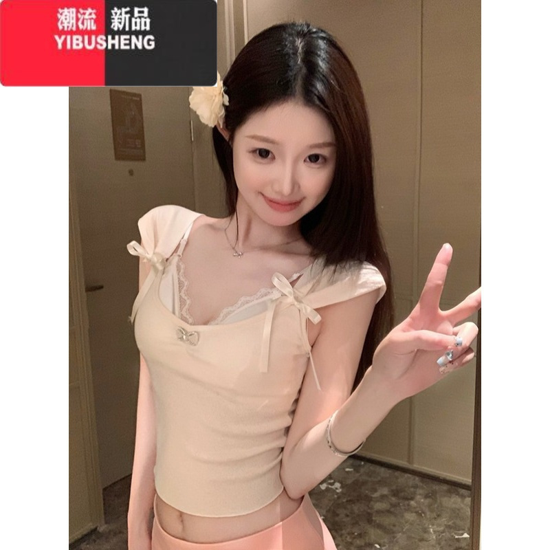 YIBUSHENG纯欲白色蝴蝶结短袖T恤女季吊带设计感小众短款甜辣妹绝美上衣