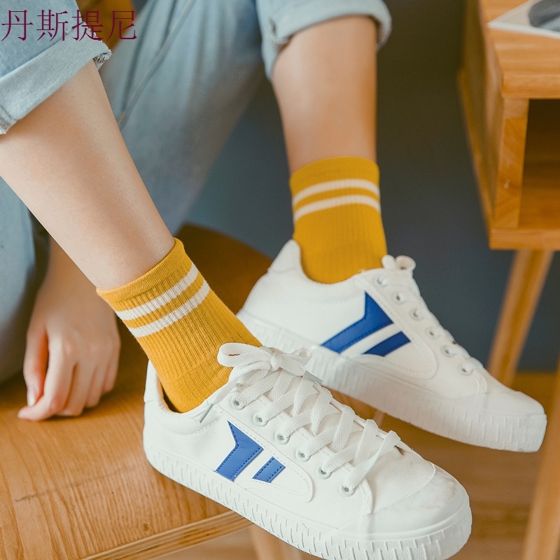 3双装中筒袜子女纯棉韩版学院风二条杠个性百搭运动长袜子春秋潮