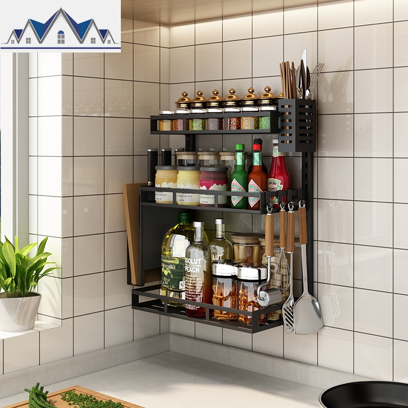 不锈钢黑色调料架家用多功能落地多层台面调味品收纳厨房置物架子_1_61高清大图