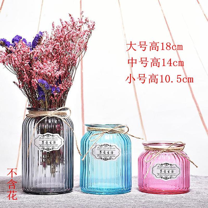 透明玻璃竖纹花瓶桌面水培花瓶摆件插花竖条花瓶-混色大灰中蓝小红