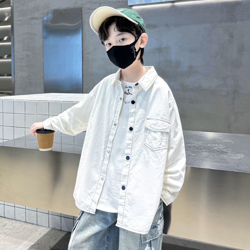 童装男童白色衬衫春秋款新款儿童秋季痞帅外套男孩秋装上衣潮