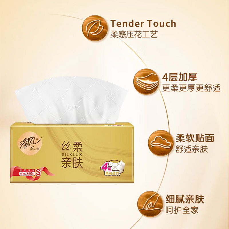 清风抽纸4层90抽*24包舒适加厚丝滑触感柔软BRC1S7J-24高清大图