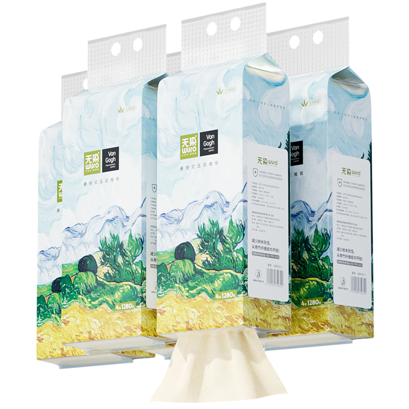 无染(wuro) 竹纤维四层加厚立体压花【油画款】挂抽面巾纸WR103 320抽*5提/箱+挂钩