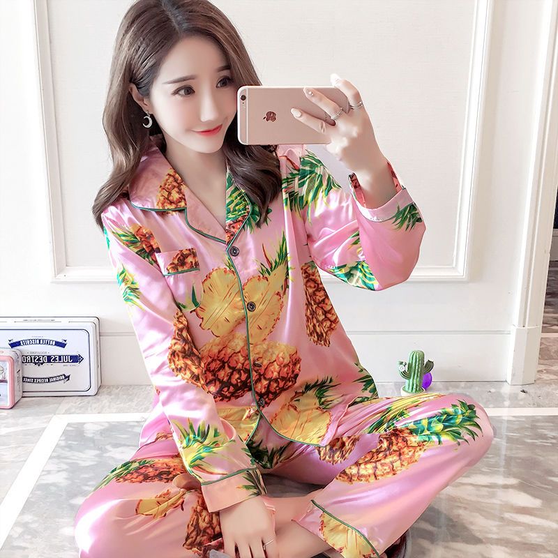 睡衣女夏季性感迷人吊带睡裙女薄款冰丝睡袍两件套丝绸家居服夏天 4812菠萝 M
