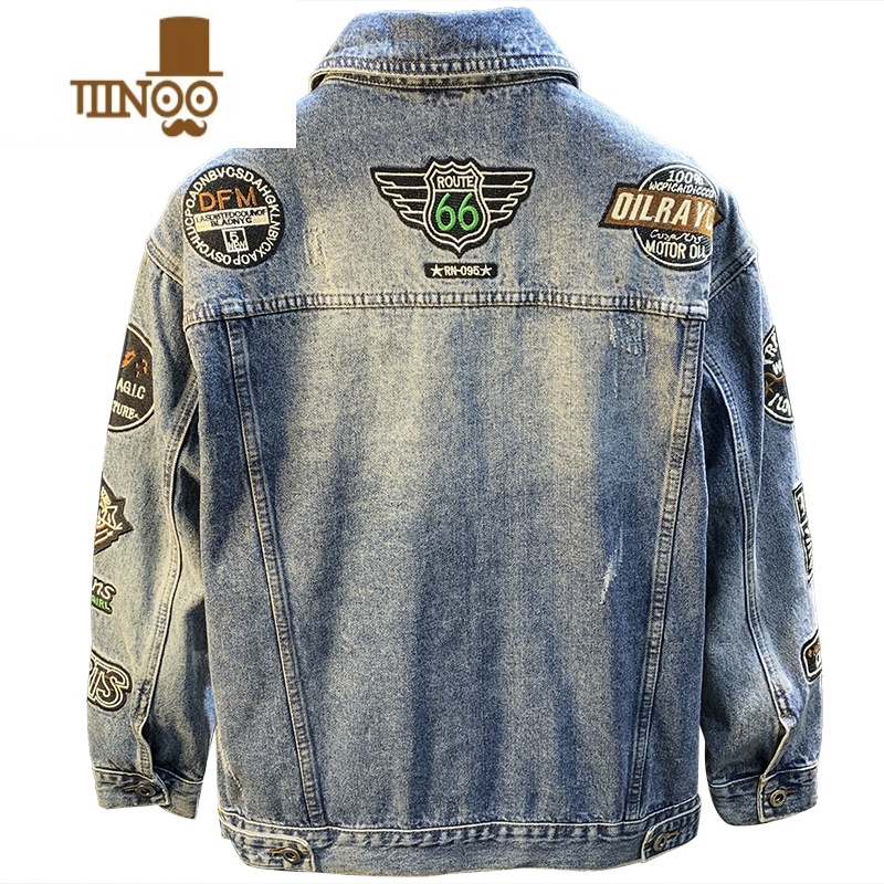 YANXU潮男牛仔外套2023美式复古个性刺绣外穿宽松长袖牛仔衣夹克男高清大图