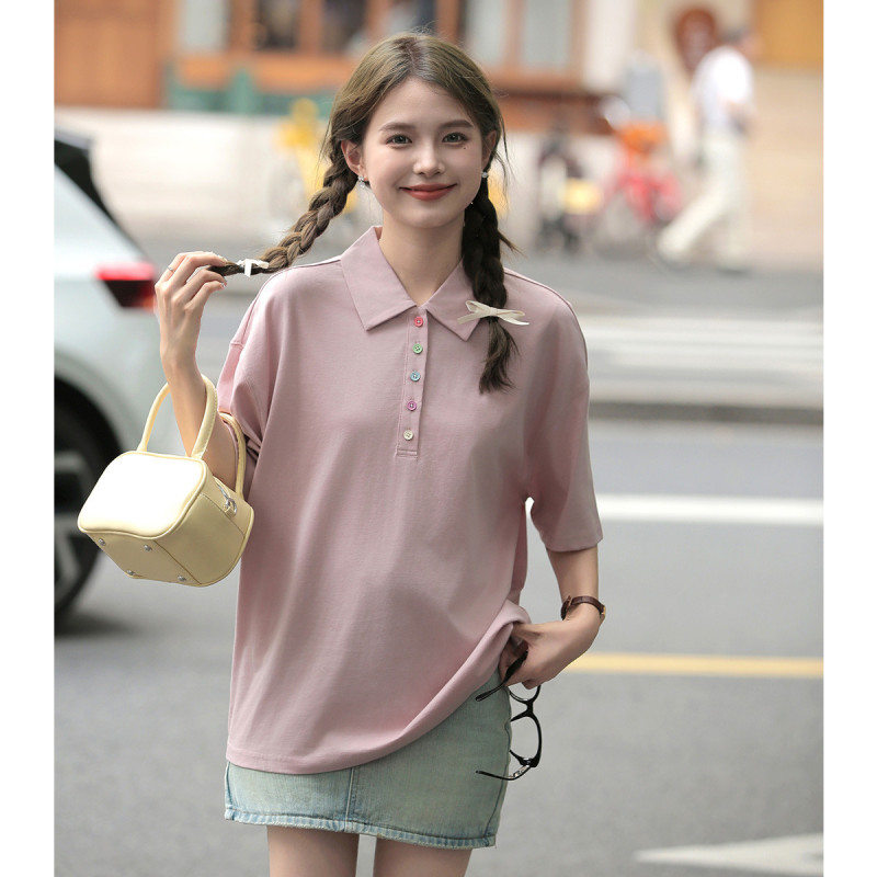 唐狮夏季女针织短袖净色polo衫简约百搭减龄学院风韩系潮