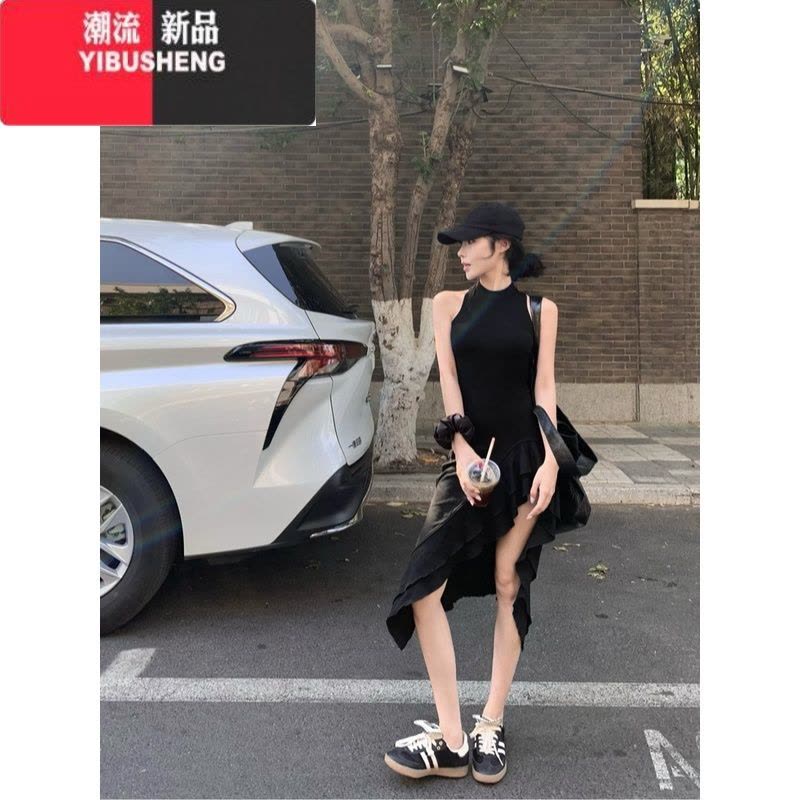 YIBUSHENG灰色荷叶边修身背心连衣裙女季气质无袖中长款开叉收腰包臀裙子图片