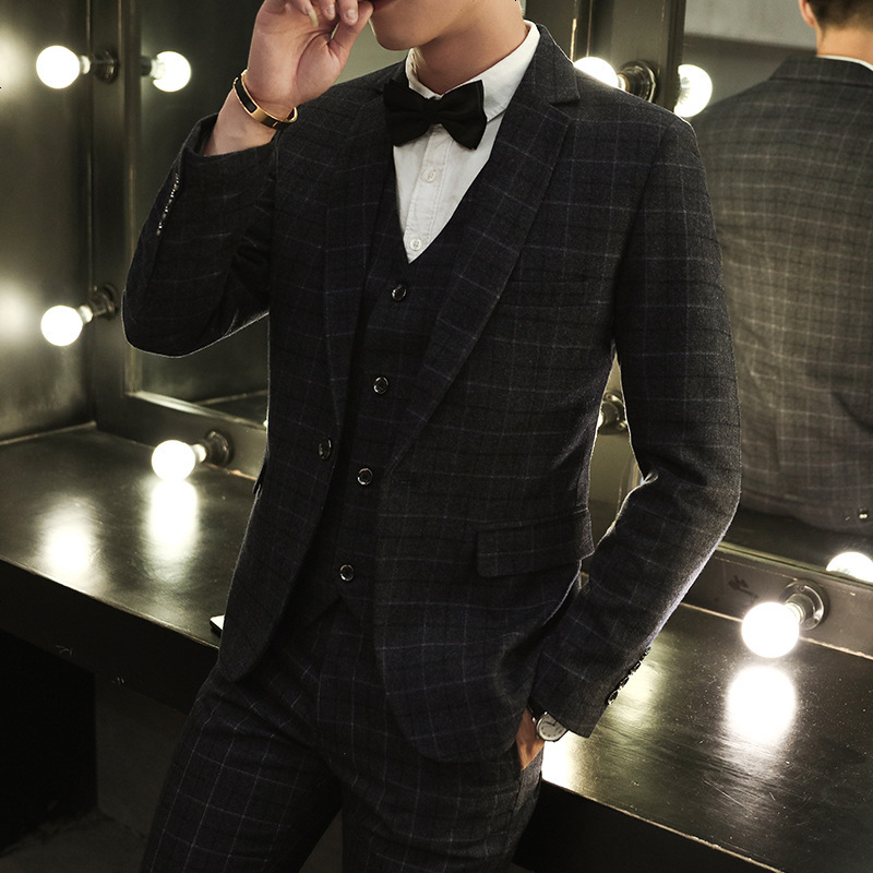 男士商务西服套装三件套装韩版修身小西装发型师潮新郎结婚西装