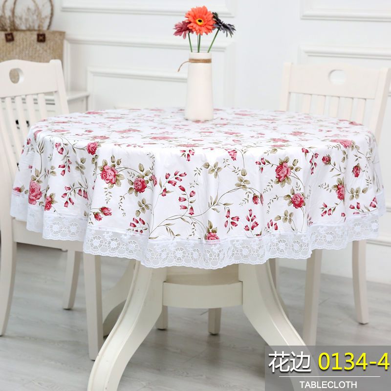 加厚圆桌布环保加绒塑料大圆形餐桌布圆台布PVC桌布防水防油免洗 加厚花边0134-4 桌布137CM适合60-100桌子