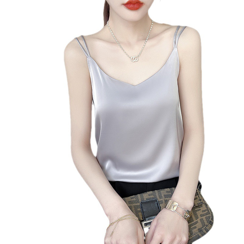 真丝吊带背心女内搭西装白色黑色打底缎面桑蚕丝上衣小夏季v领