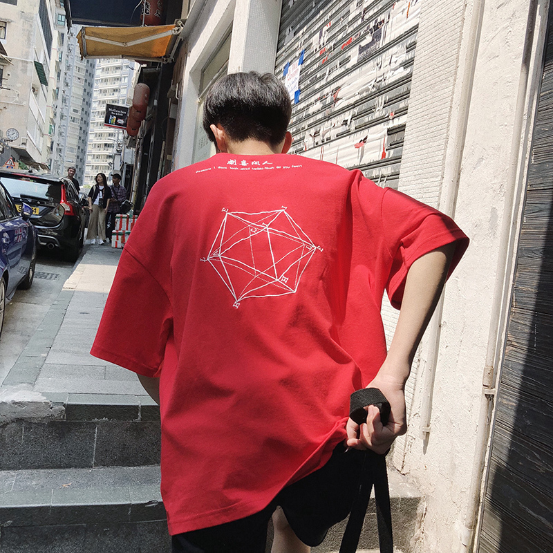 短袖T恤男士韩版时尚宽松夏款中袖五分半袖绣花学生白色衣服男T