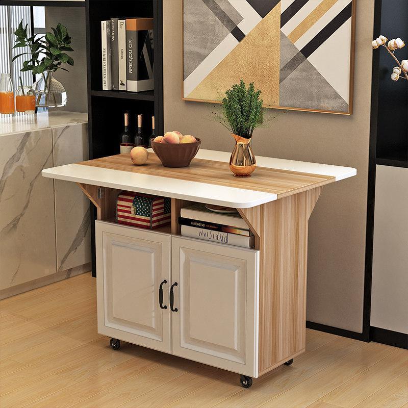 汐岩简易折叠桌子多功能家用小户型折叠餐桌可移动厨房储物柜客厅边柜 80*80白+浅单桌（圆角）带门