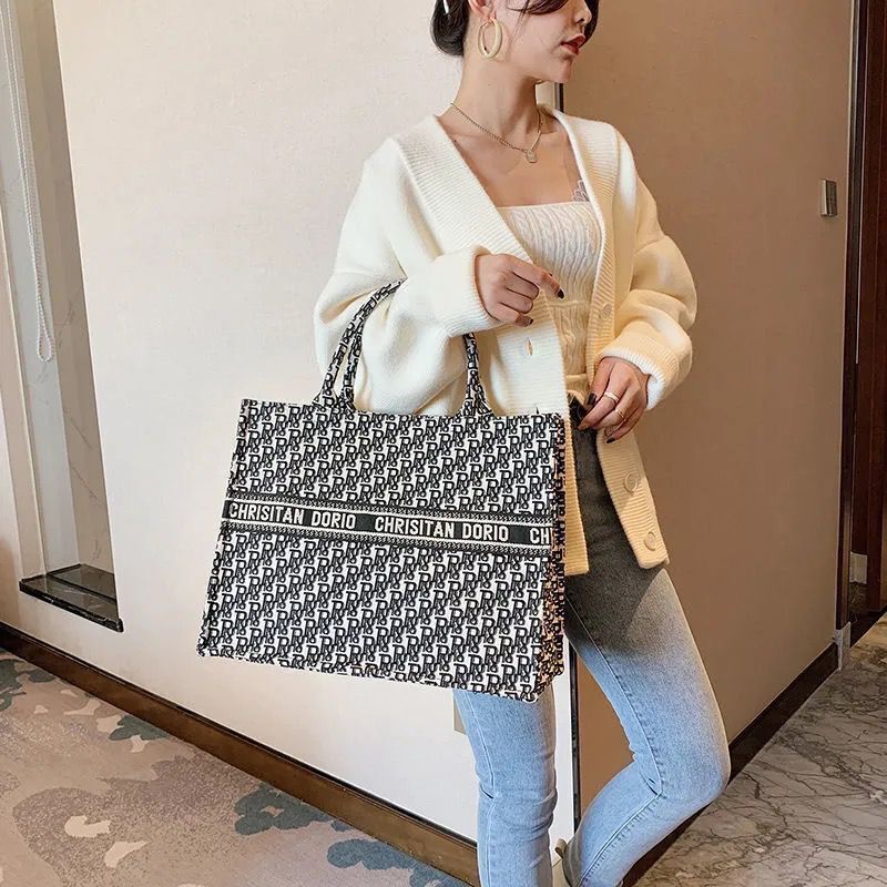 明星同款包包2021韩版新款刺绣托特包手提大包大容量女包休闲潮 黑色大款