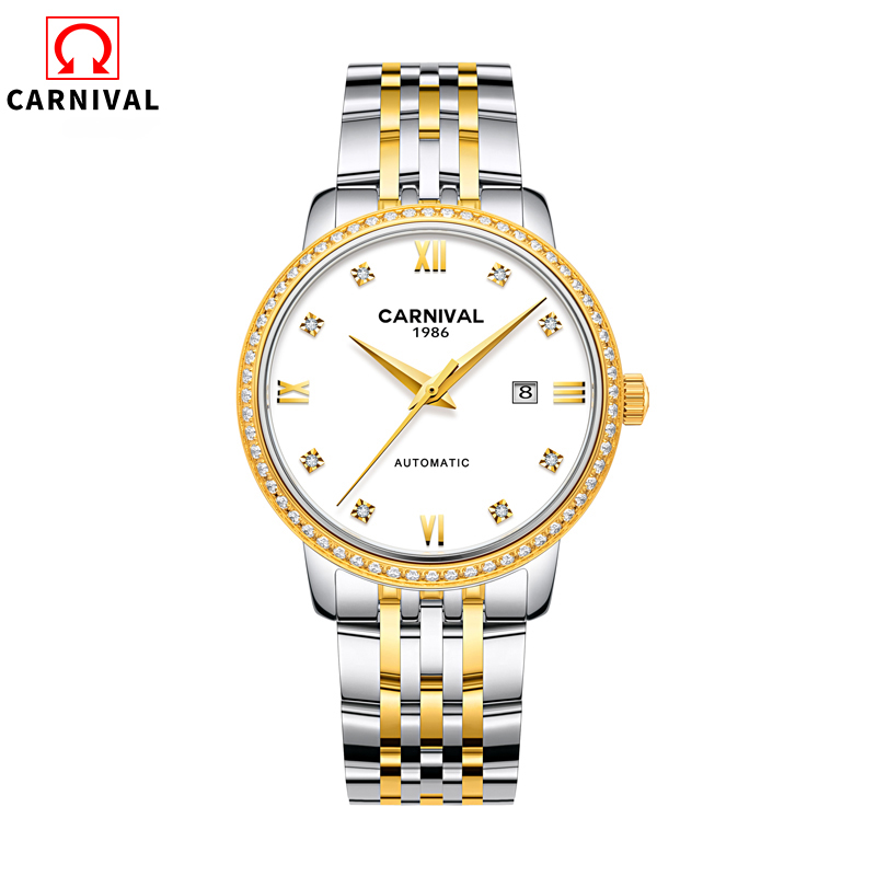 瑞士嘉年华Carnival正品全自动机械表 女士日历手表镶水钻纤薄防水简约时尚款女表休闲大表盘8676L 间金白面