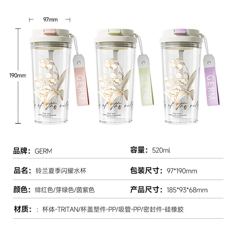 格沵 塑料吸管杯铃兰系列闪耀水杯 GE-CK24SS-S64 芽绿 520ml高清大图