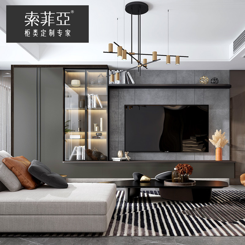 索菲亚客厅电视柜定制轻奢时尚高级灰大容量收纳意式玻璃门展示柜报价 参数 图片 视频 怎么样 问答 苏宁易购