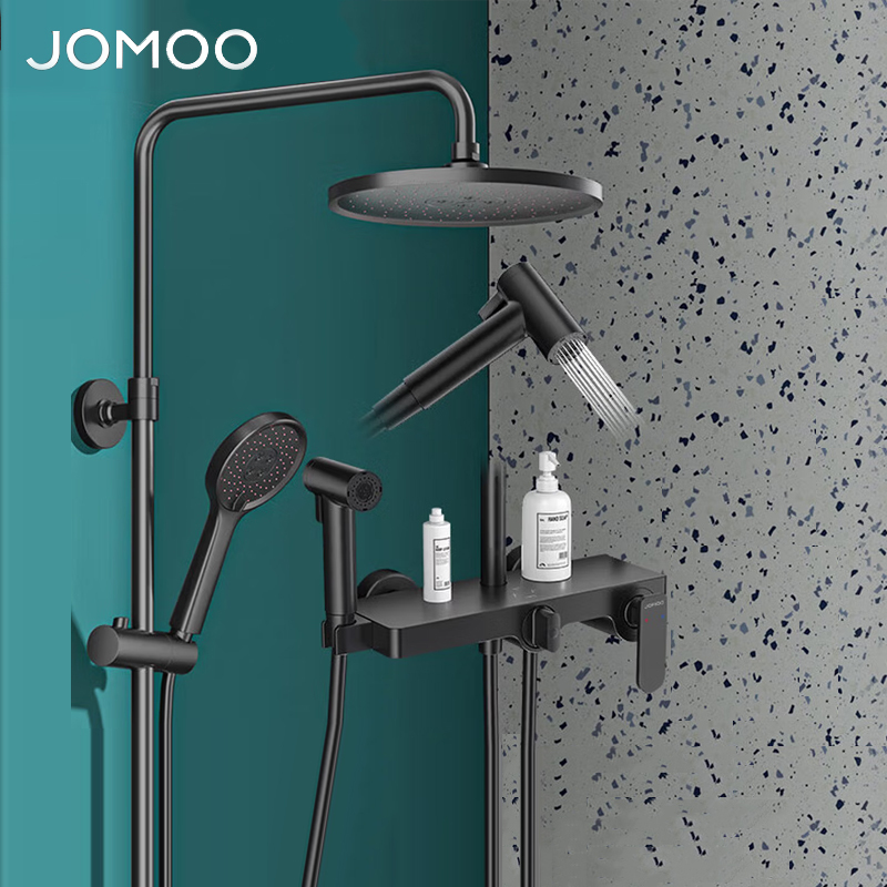 九牧(JOMOO)恒温淋浴花洒套装雅黑喷枪硅胶易洁置物花洒一键控温智能花洒全套36476-647/DB-1