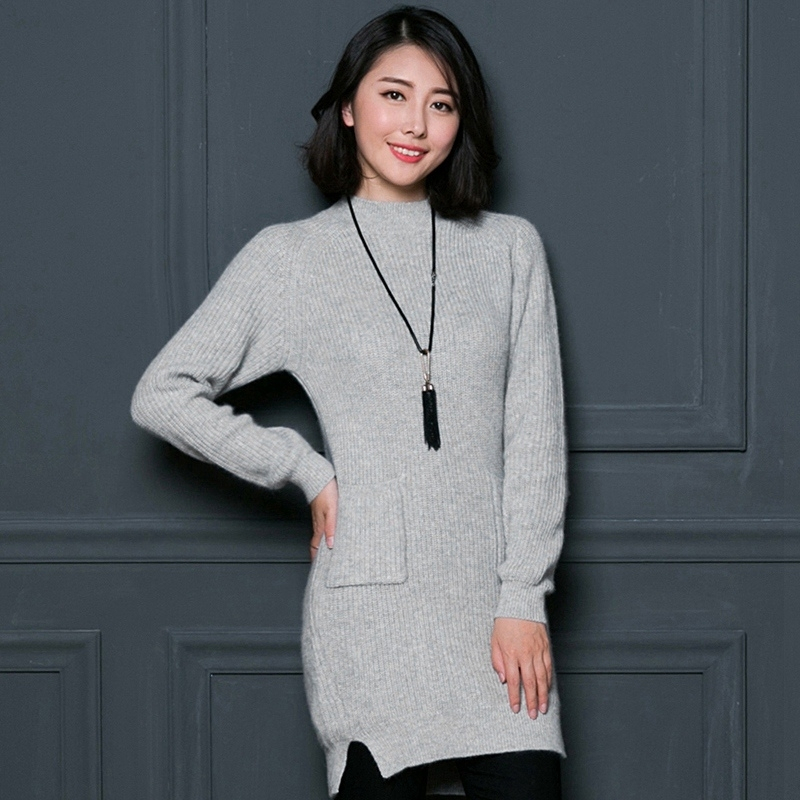 秋冬韩版中长款打底毛衣女套头大码抽条开叉针织羊绒衫修身包