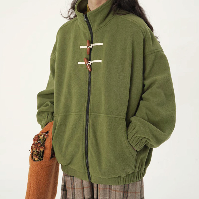 [2.5折价95元]唐狮秋冬新款女立领加绒加厚牛角扣外套百搭减龄高级感韩版