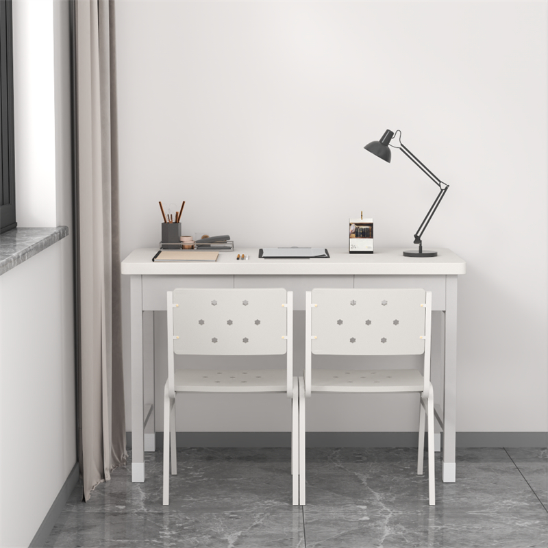 富路达钢制学习桌写字桌电脑桌内务办公桌宿舍三抽桌+两椅高清大图