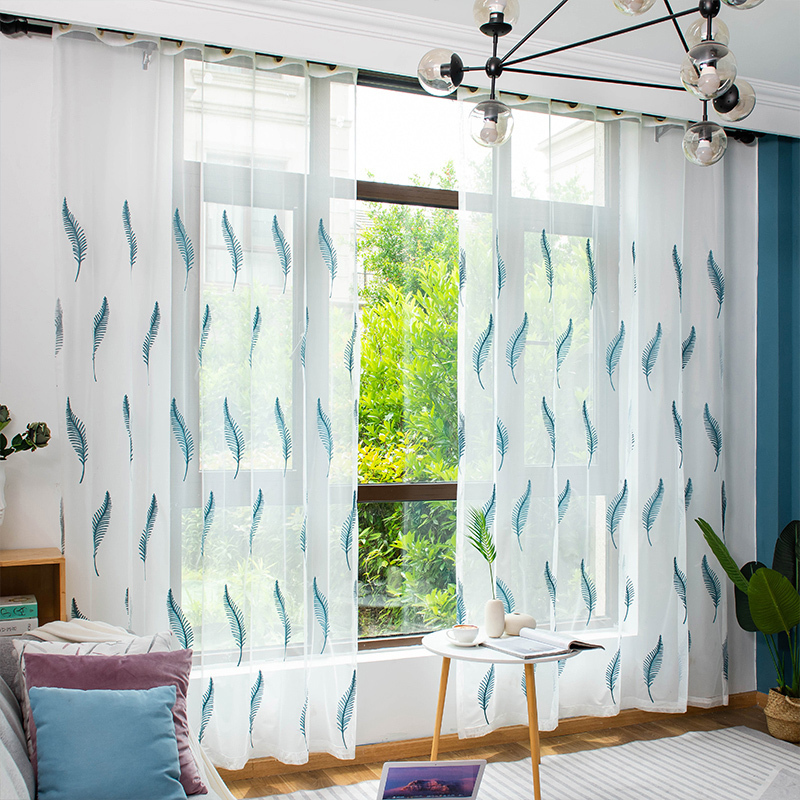 家柏饰(CORATED)简约现代窗纱白纱绣花客厅卧室阳台遮光清新纱帘布料成品 大羽毛蓝色纱帘 宽1.5*高2.7--1片--挂钩