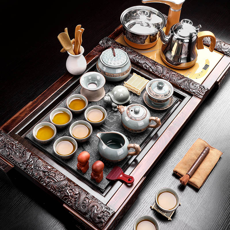 办公室客厅陶瓷泡茶器科技木实木压板茶盘茶台茶道全自动快速炉紫砂功夫茶具套装家用 醒龙哥窑14头配三龙开泰全自动快速炉