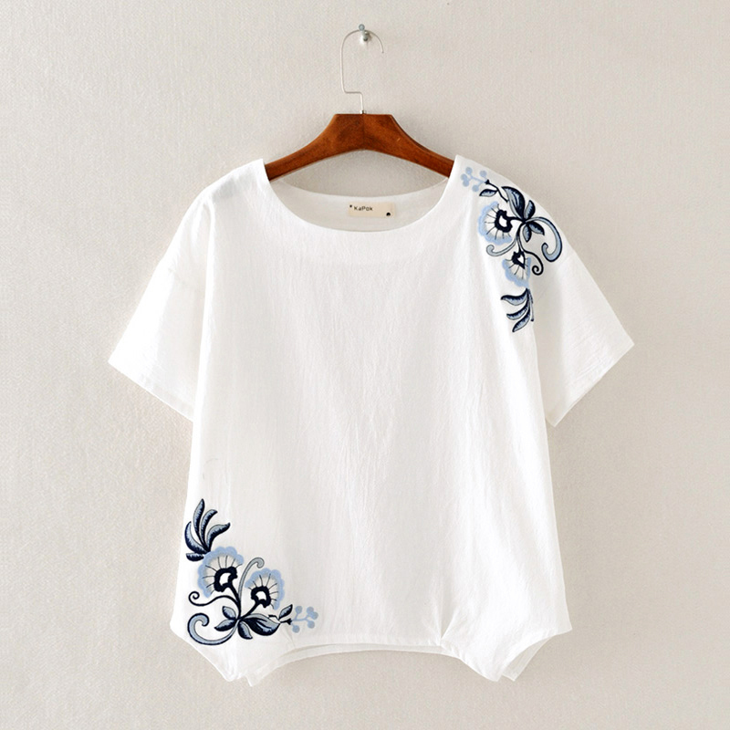 艳如飞棉麻上衣女亚麻棉刺绣t恤宽松短袖夏季复古绣花大码女装洋气
