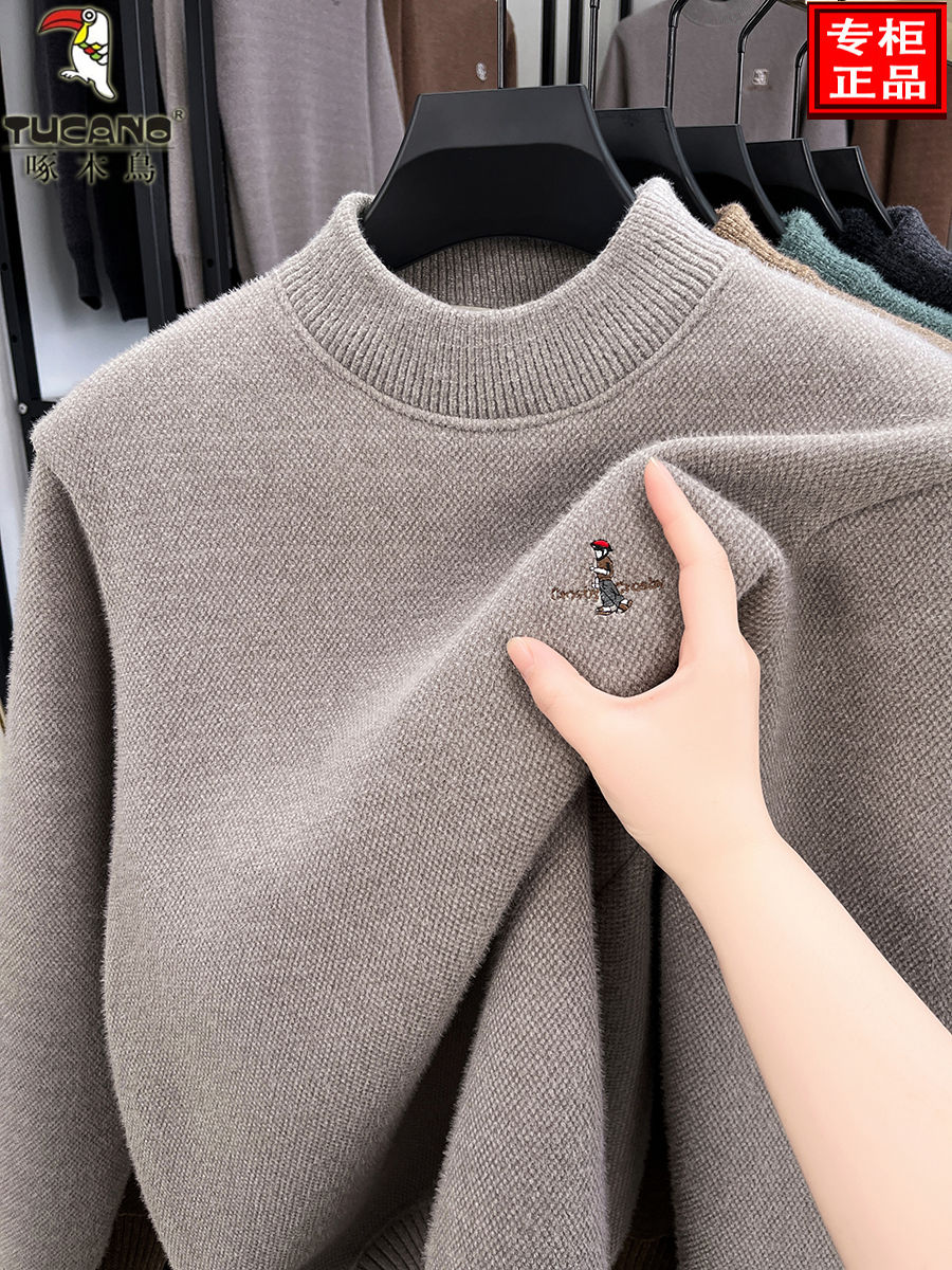 啄木鸟半高领加绒加厚男士毛衣2025冬季一体绒保暖羊毛针织打底体高清大图