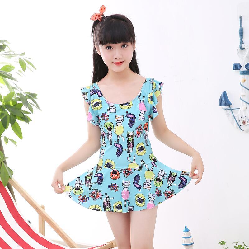 儿童游泳衣女孩中大童连体平角裙式套装温泉小中学生公主女童泳装