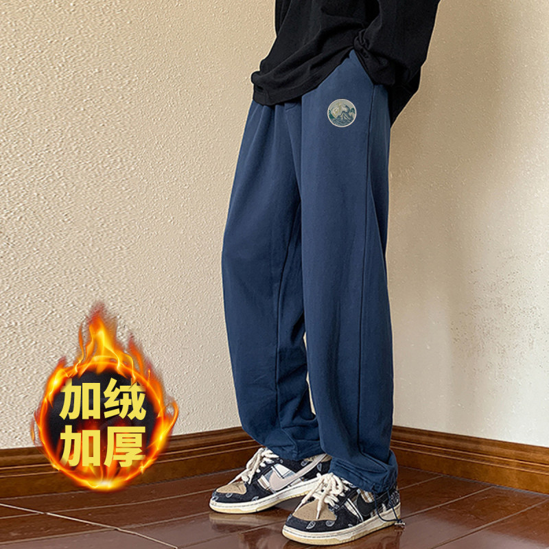 [1折价46.9元叠加优惠券]唐狮裤子男冬季日系圆标宽松直筒加厚加绒裤子男卫裤男男式休闲裤高清大图