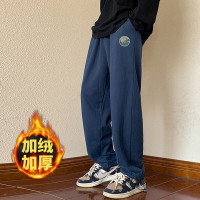 唐狮裤子男冬季日系圆标宽松直筒加厚加绒裤子男卫裤男男式休闲裤