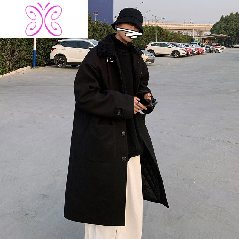 YUANSU毛呢大衣男韩版潮流宽松百搭翻领中长款风衣冬季加厚情侣呢子外套毛呢大衣