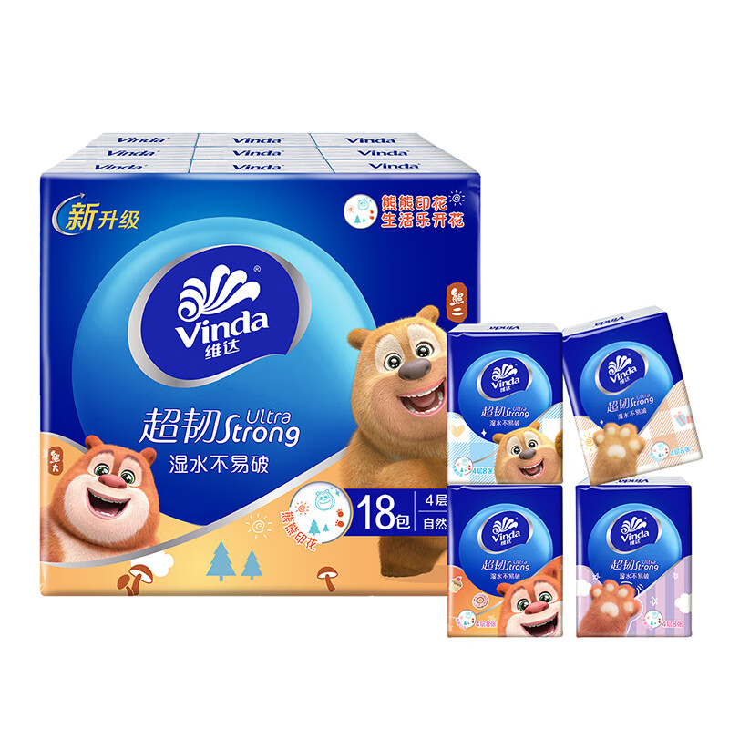 维达(Vinda)超韧手帕纸4层8张*18包 熊出没联名款 纸巾小包 新旧交替