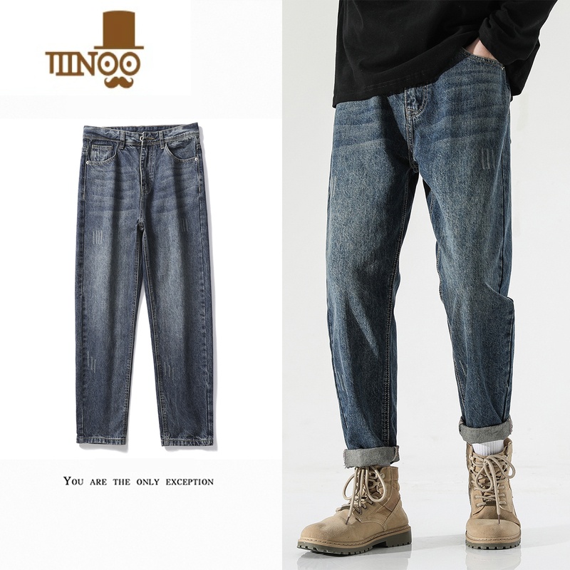 YANXU美式简约牛仔裤男士夏季薄款锥形宽松直筒九分休闲裤子男复古水洗高清大图
