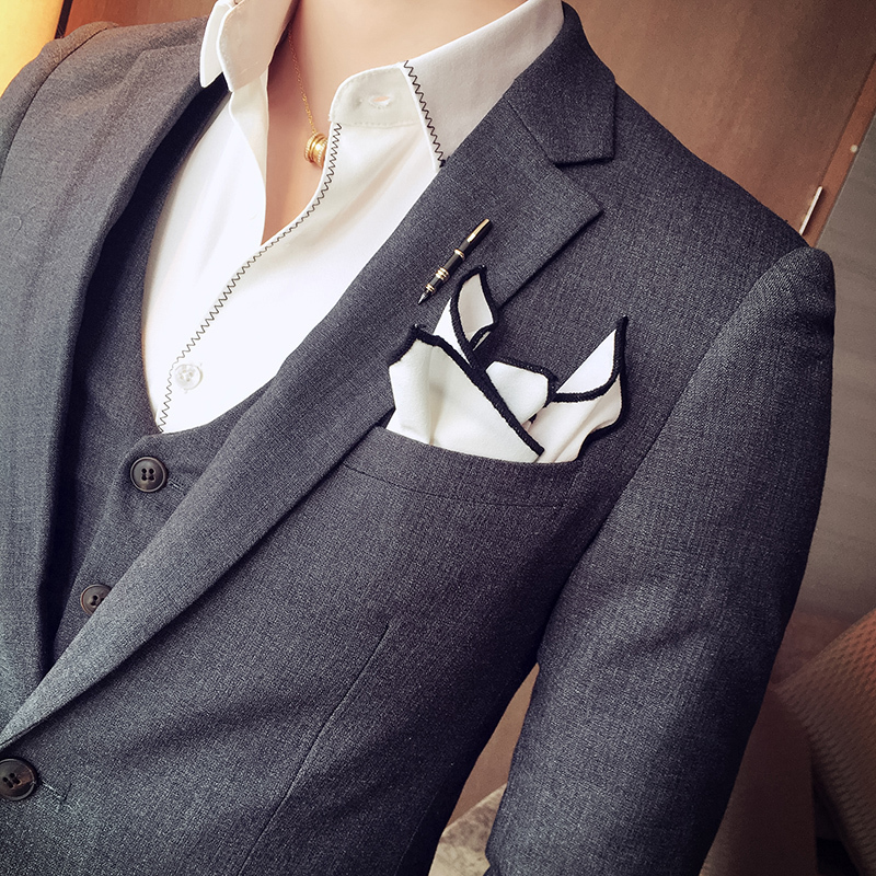 2018春秋季垂直面料西服套装男士三件套英伦商务修身正装帅气礼服