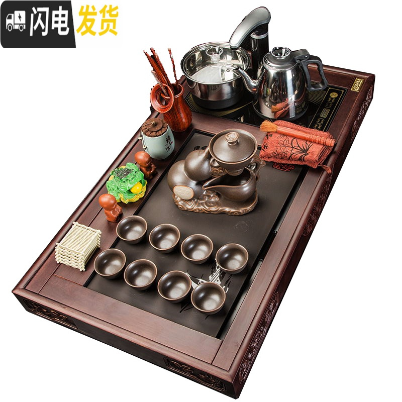 三维工匠茶盘功夫茶具套装四合一烧水壶全自动一体简约家用实木排水茶盘 荷花木石茶盘+柴烧五福临门茶具套装 22件高清大图