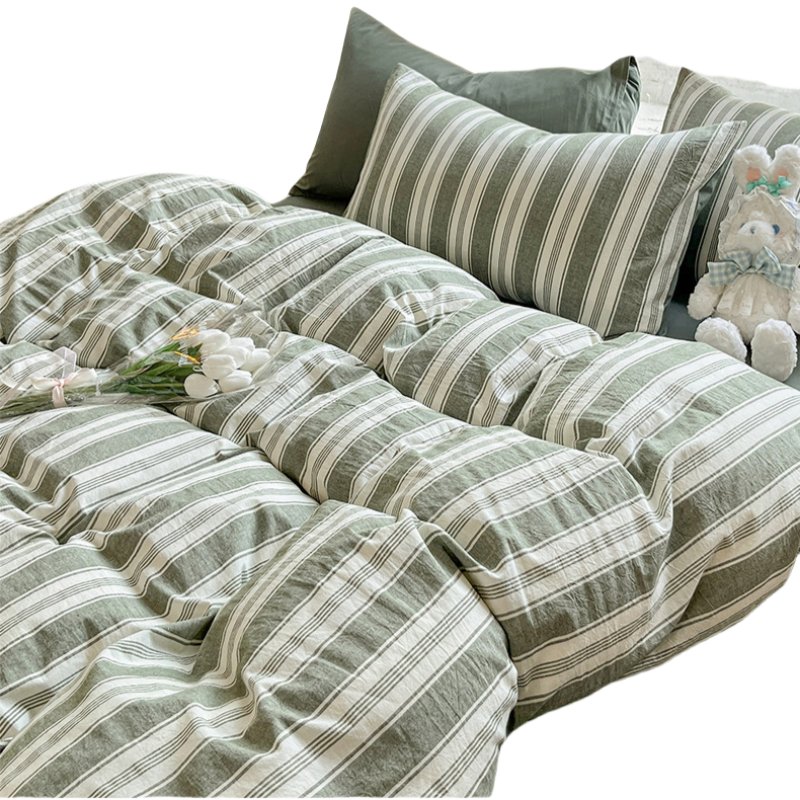 铭思沃四件套2.0*2.2米床 绿条纹 套高清大图