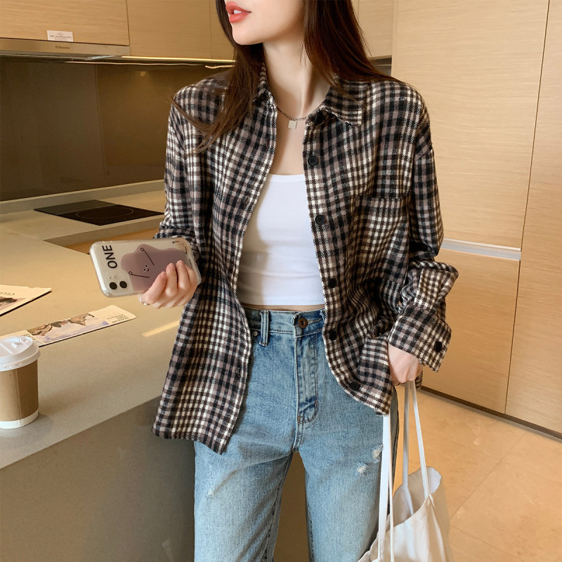 [1.5折价59元]唐狮冬季长袖格子衬衫女百搭磨毛休闲复古港风休闲上衣