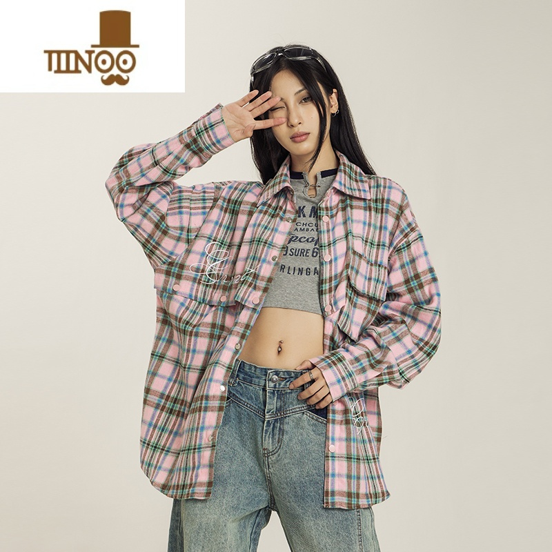 YANXUCaptainBeer美式复古百搭可拆卸格子衬衫情侣外套男女长袖上衣潮