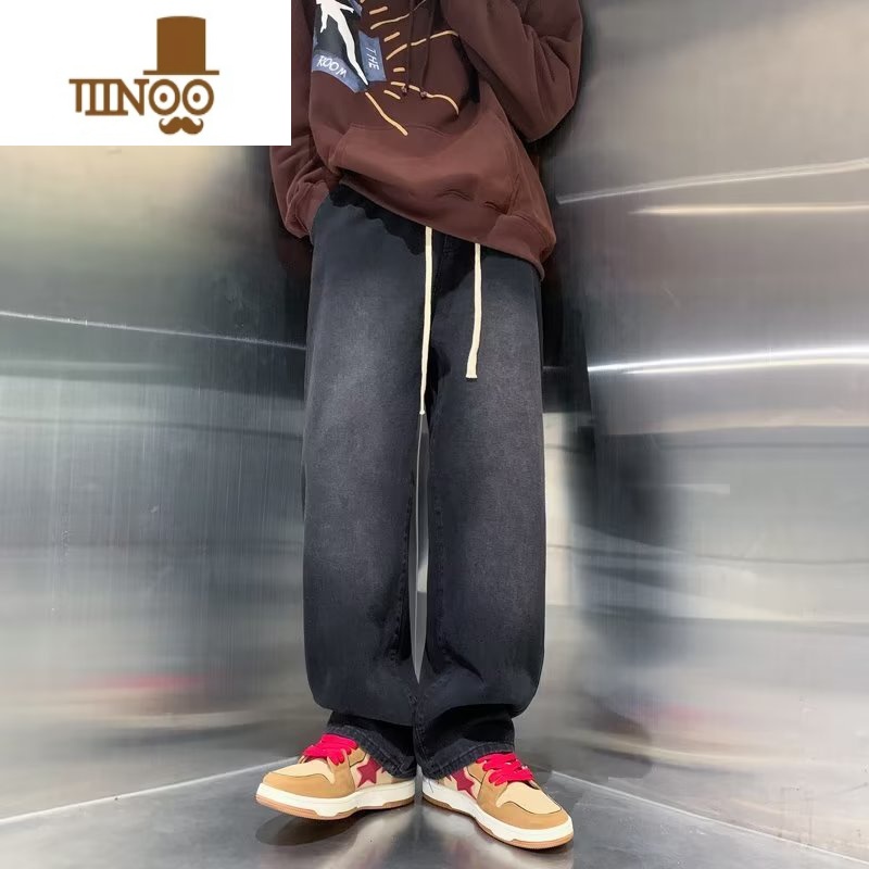 YANXU美式水洗做旧红色大码牛仔裤男宽松直筒oversize高街抽绳阔腿裤子高清大图