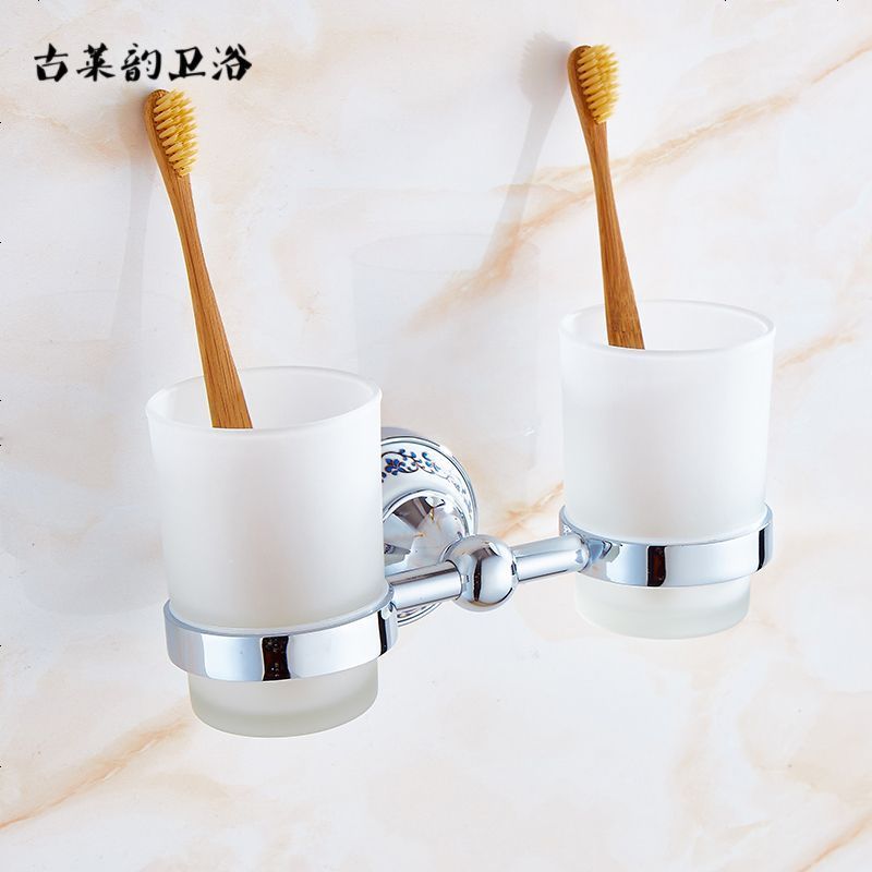 牙刷架 漱口杯架 刷牙杯 玻璃双杯架 欧式金色 卫浴浴室五金挂件高清大图