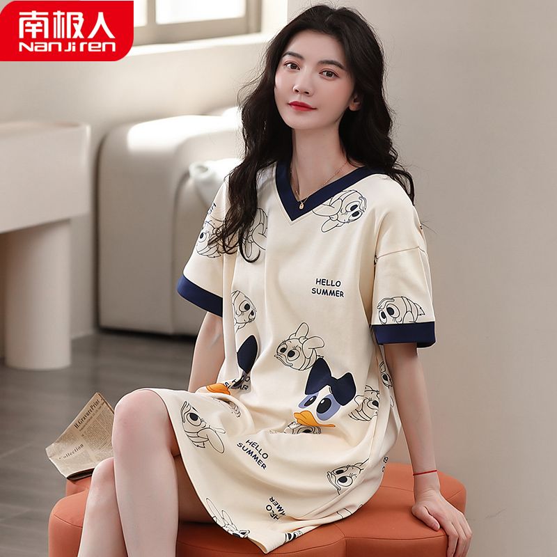 南极人睡裙女夏季2023年新款春秋棉短袖可爱大码宽松薄款睡衣连衣裙子 L YQ823主图