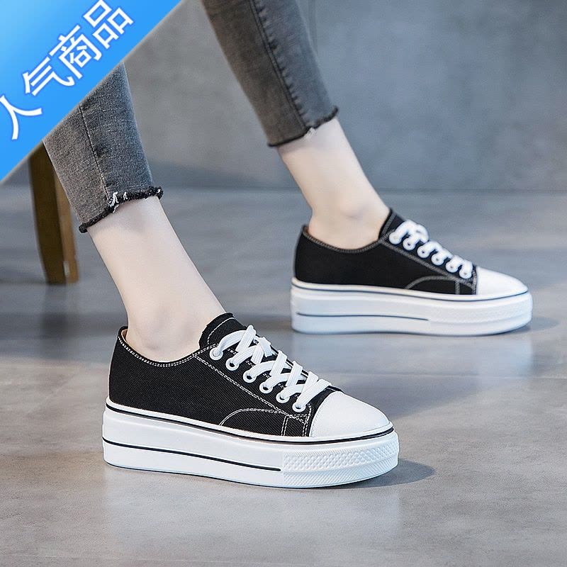 SUNTEK松糕鞋女帆布鞋透气韩版板鞋百搭黑色休闲潮软底女鞋女士平板鞋图片