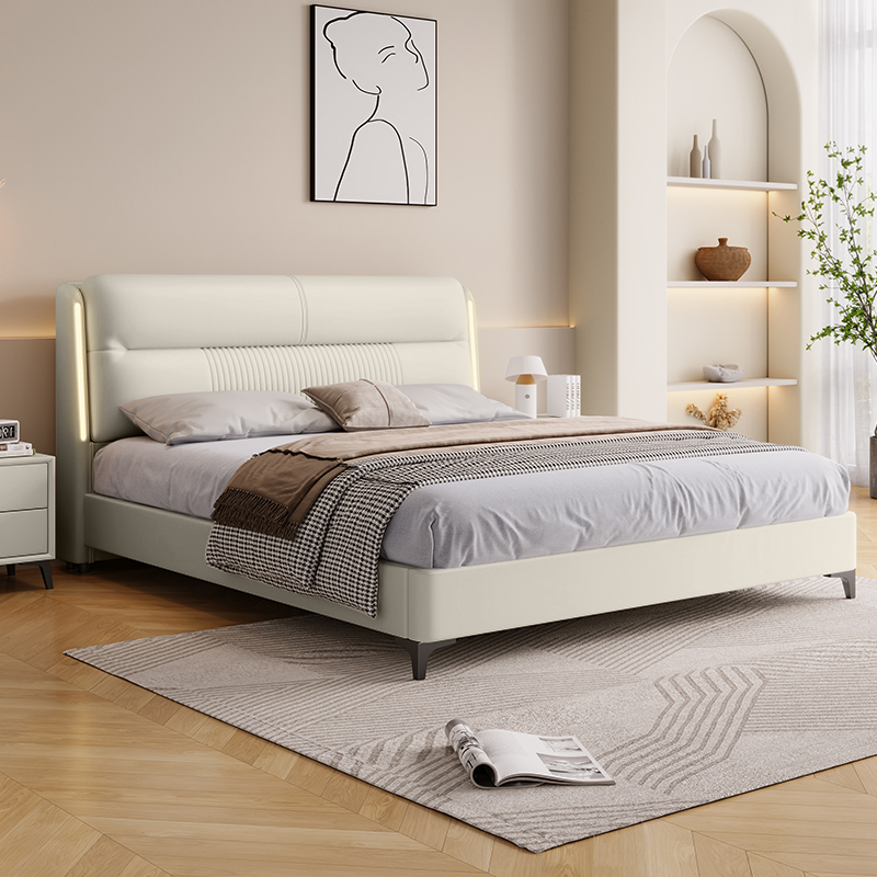 欧梵森 意式轻奢真皮床1.8米主卧大床智能床头暖灯软包储物床1.5m皮艺床现代简约婚床双人床高清大图