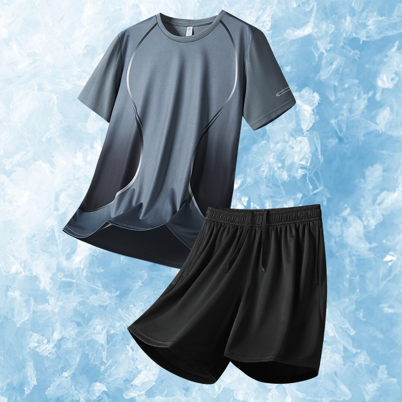 啄木鸟新款夏季丝冰运动套装男户外跑步服速干透气短袖休闲两件套高清大图