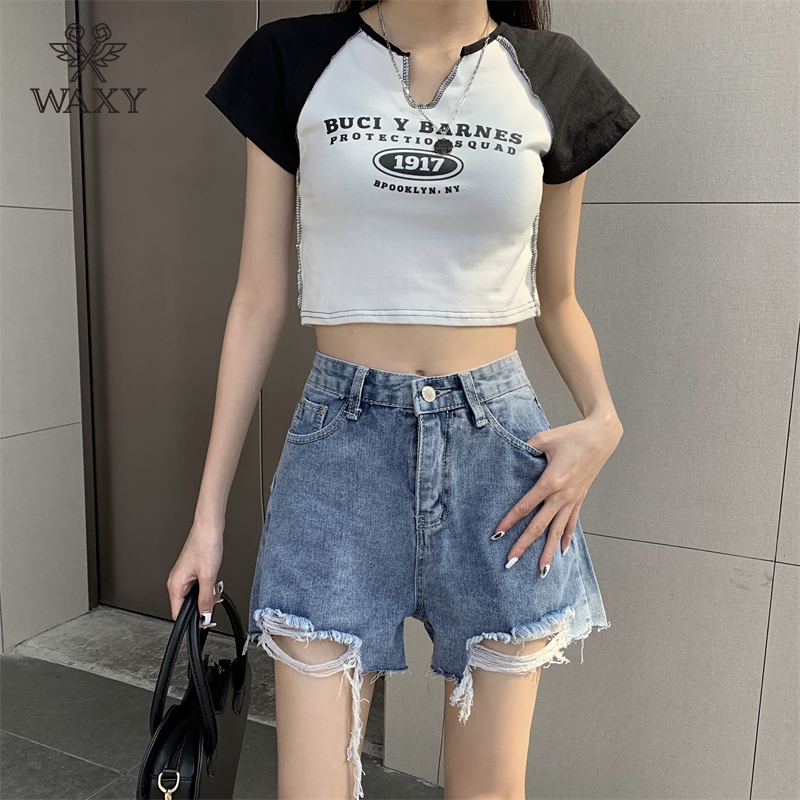 WAXY高腰牛仔短裤2022新款夏季破洞宽松显瘦a字阔腿裤ins潮女热裤