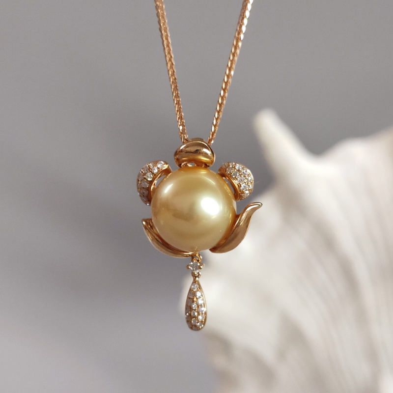 缘源珠宝天然海水金珍珠吊坠18k金镶钻石珍珠吊坠女款附送证书不含链