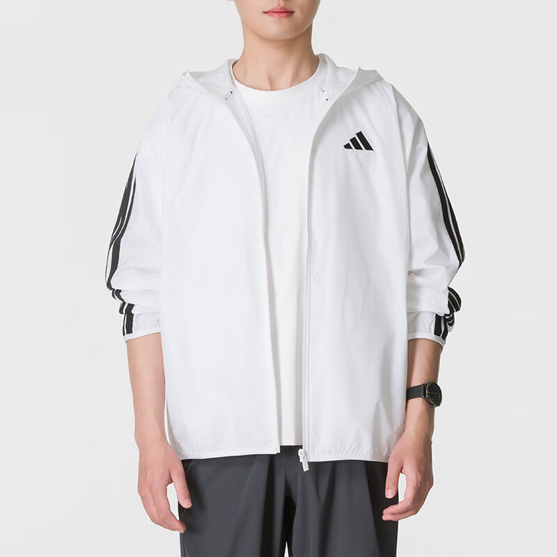 阿迪达斯(adidas)外套男装 新款运动服健身训练跑步锻炼梭织连帽夹克上衣KT2114 ZP JE6326/白色 L